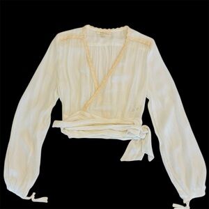 long-sleeve resort wrap blouse top with lace trim large white ivory sheer NEW